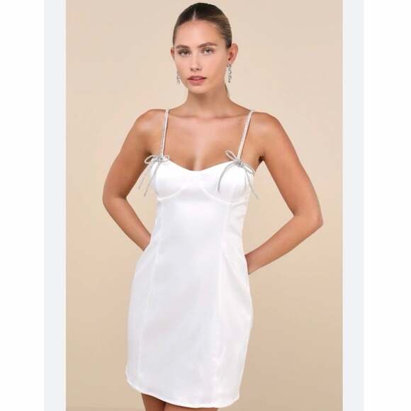Collective Dresses & Skirts - NWT Collective The Label White Satin Mini Dress XS Rhinestone Bow Bridal